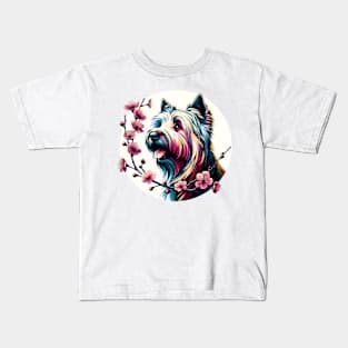 Skye Terrier Enjoys Spring Amidst Cherry Blossoms Kids T-Shirt